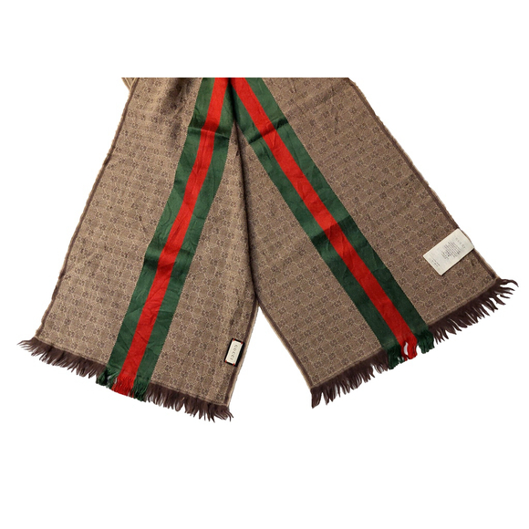 Gucci Brown & Beige GG Logo Print w/ Green Red Stripe Wool Silk Scarf Pre-owned - Picture 13 of 16